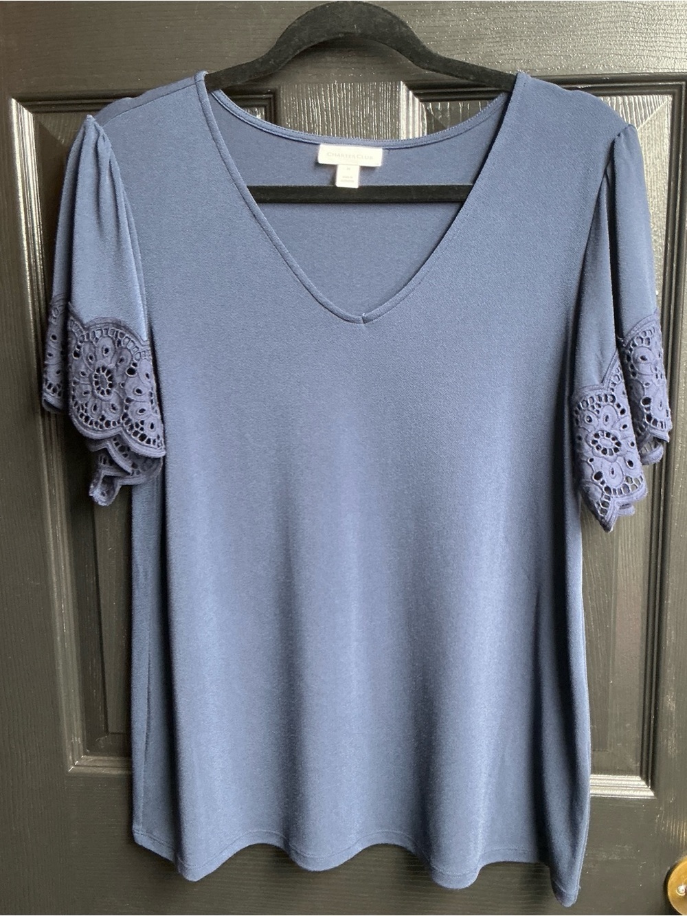 Charter Club Navy V‑Neck Top with Lace Trim Sleeves